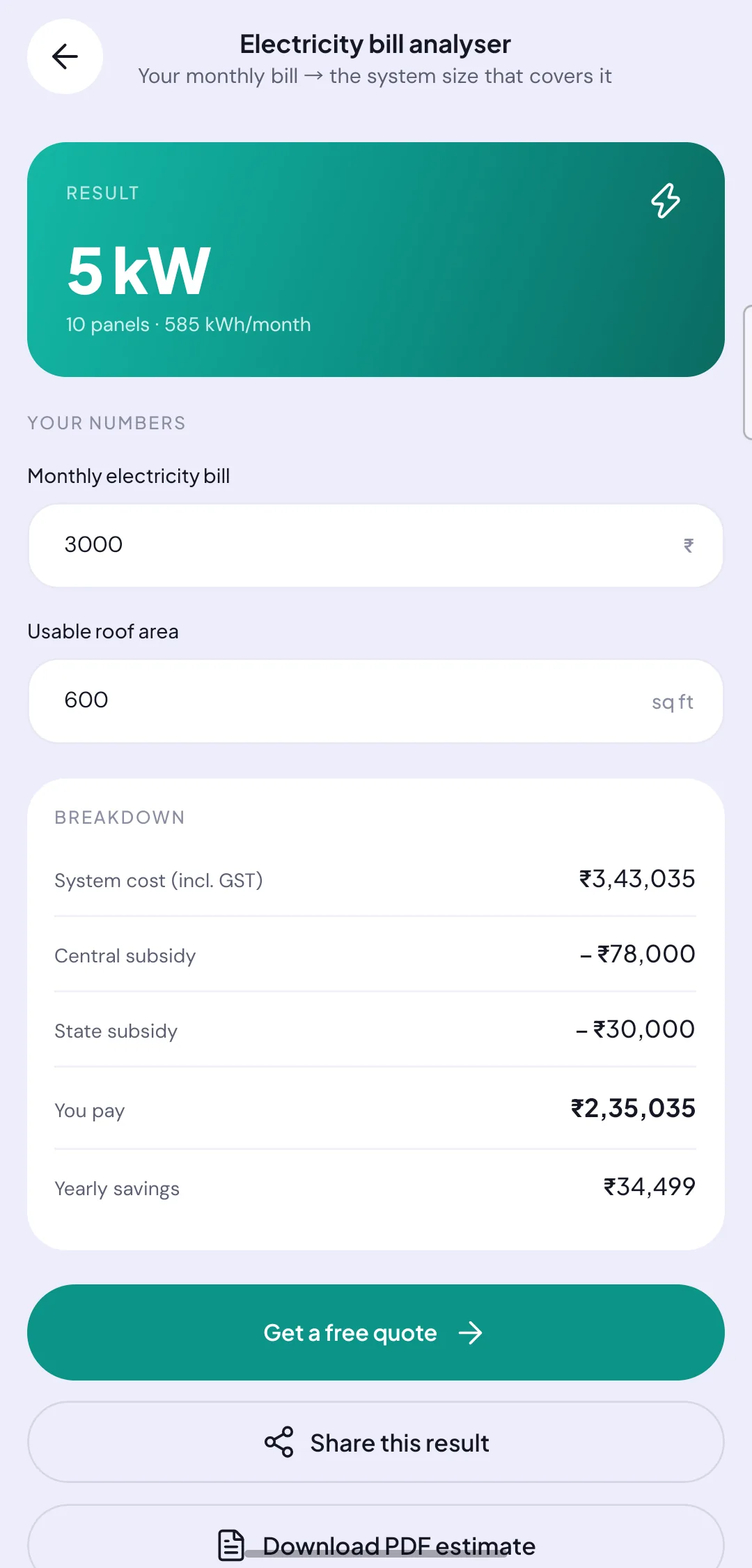 Your bill, turned into the system size that covers it — with both subsidies applied