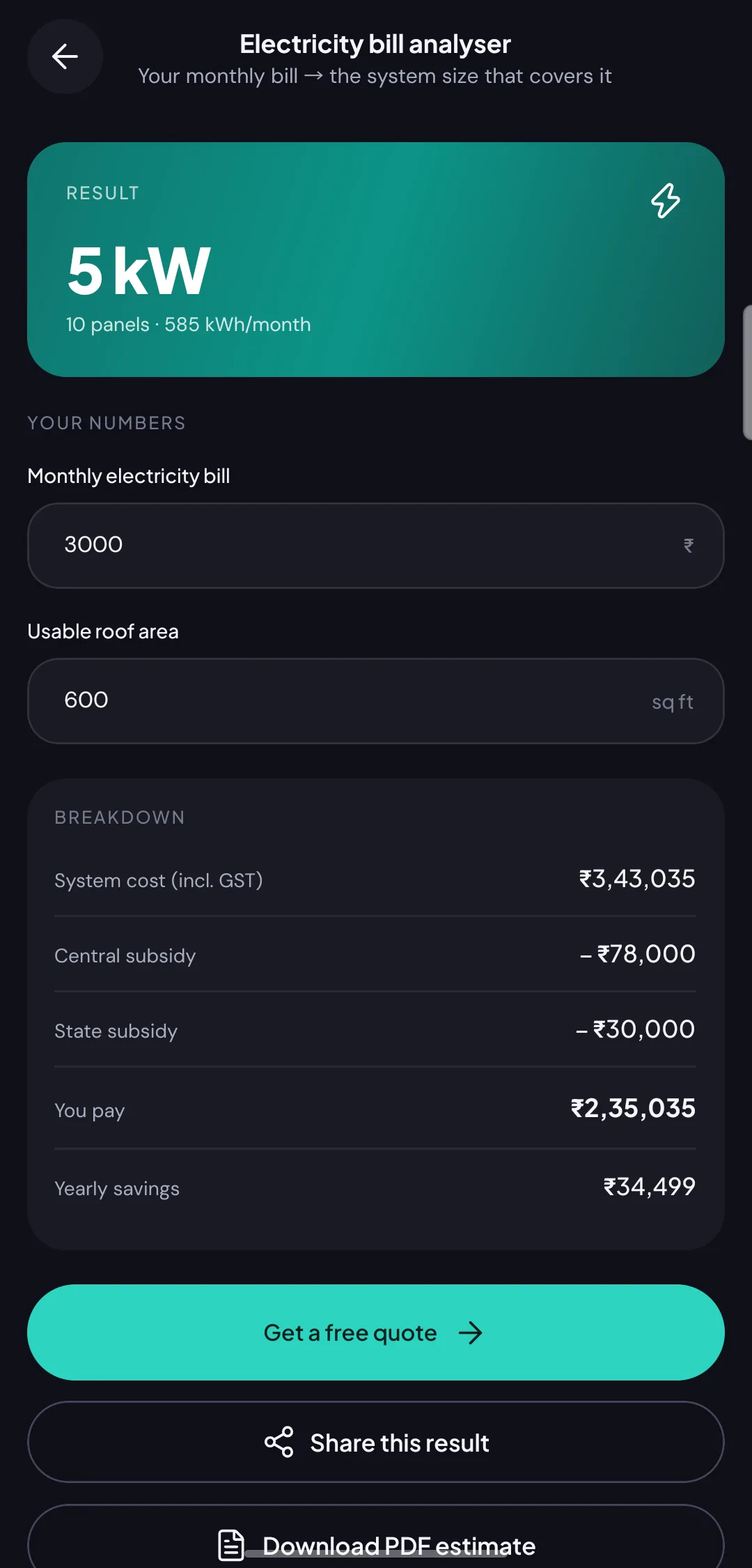 Your bill, turned into the system size that covers it — with both subsidies applied